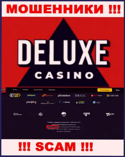 Данные об юридическом лице Deluxe Casino на их официальном информационном сервисе имеются - это БОВИВЕ ЛТД