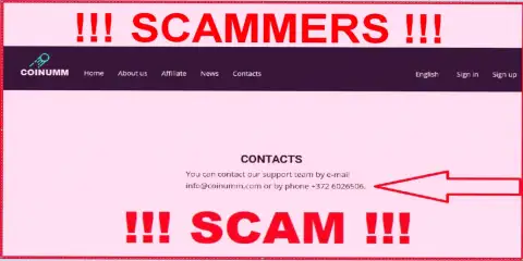 Coinumm phone number listed on the fraudsters website