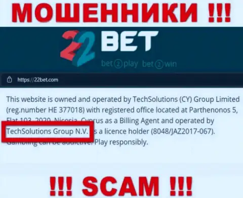 TechSolutions Group N.V. - это организация, владеющая интернет-мошенниками 22Бет