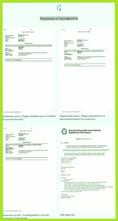 Лицензии и сертификаты, которые имеет online обменник БТК Бит