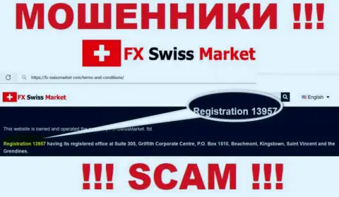 Как указано на официальном веб-сайте жуликов FX SwissMarket: 13957 - это их рег. номер