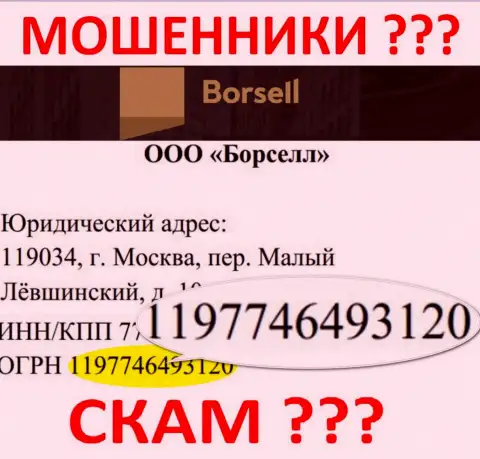 Номер регистрации незаконно действующей компании Borsell - 1197746493120