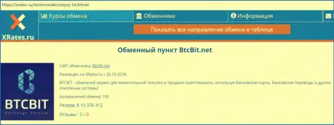 Краткая информация об организации BTCBit на веб-портале XRates Ru